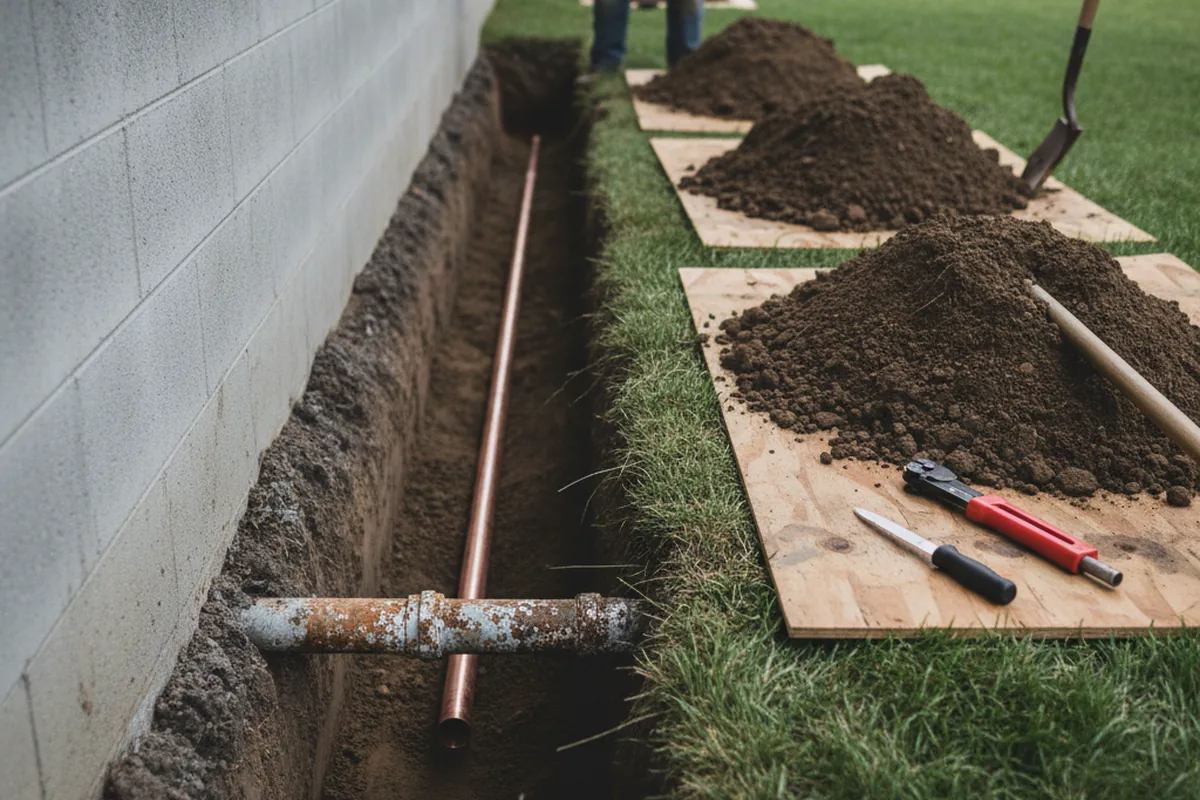 Excavated water line trench during Water Heater Repair in Bangor